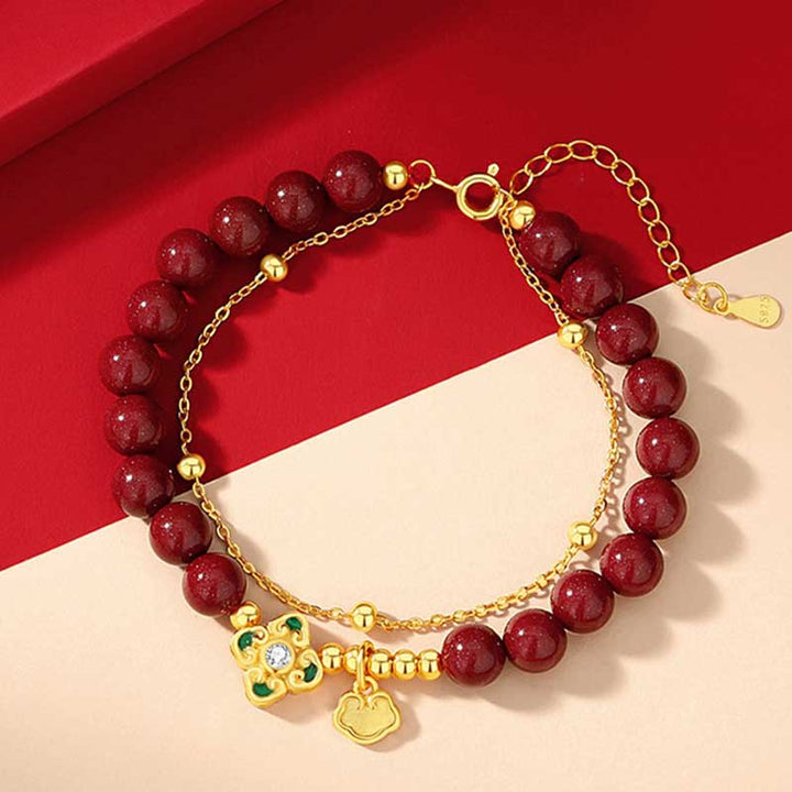 Buddha Stones 925 Sterling Silver Natural Cinnabar Four Leaf Clover Flower Blessing Chain Bracelet