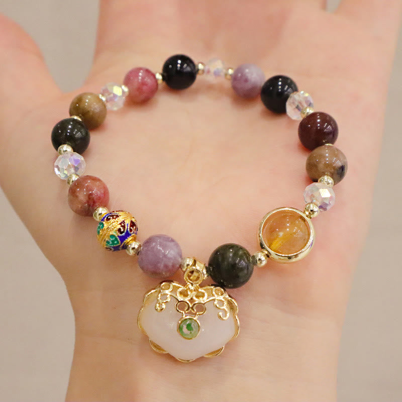 Buddha Stones Strawberry Quartz Green Crystal Amethyst Healing Chinese Lock Charm Bracelet