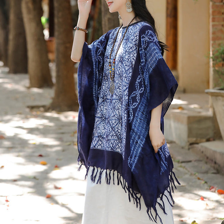 Buddha Stones Blue Stripe Geometry Indigo Dyeing Shawl Tassels Travel Pullover 90*95cm