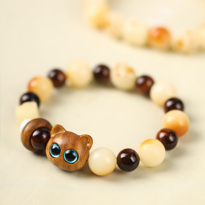 Buddha Stones Natural Bodhi Seed Sandalwood Lucky Cute Cat Head Paw Claw Peace Bracelet - Green Sandalwood Lucky Cat(Wrist Circumference 14-17cm) - image 1