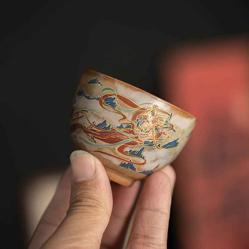 Buddha Stones Dunhuang Flying Apsaras Ceramic Gaiwan Sancai Teacup Kung Fu Tea Cup With Lid