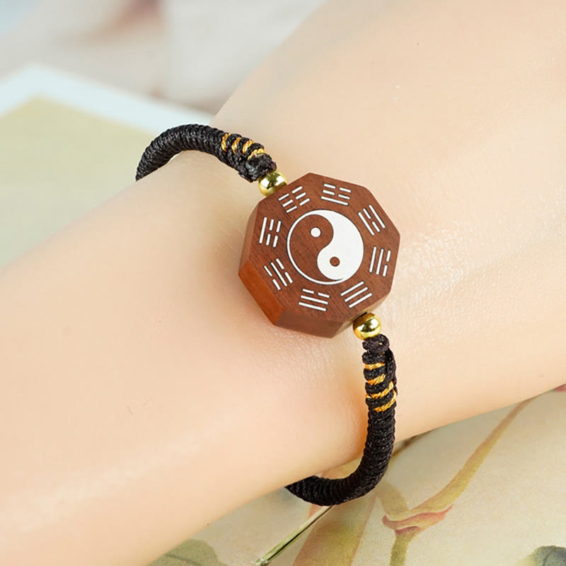 Buddha Stones Small Leaf Red Sandalwood Jujube Wood Ebony Wood Silver Inlaid Yin Yang Bagua Big Dipper Protection Bracelet