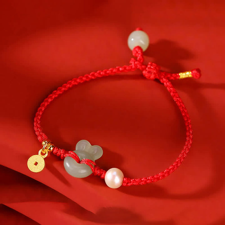 925 Sterling Silver Year of the Rabbit Hetian Jade Copper Coin Wealth Red String Bracelet