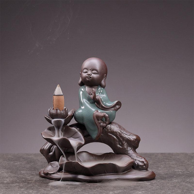 Buddha Stones Little Monk Ceramic Lotus Blessing Incense Burner Decoration - image 3