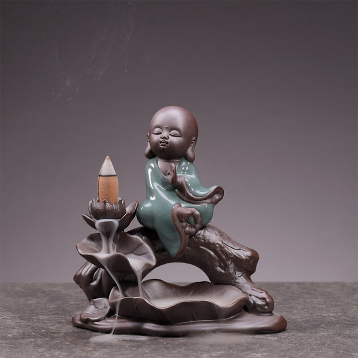 Buddha Stones Little Monk Ceramic Lotus Blessing Incense Burner Decoration - image 3