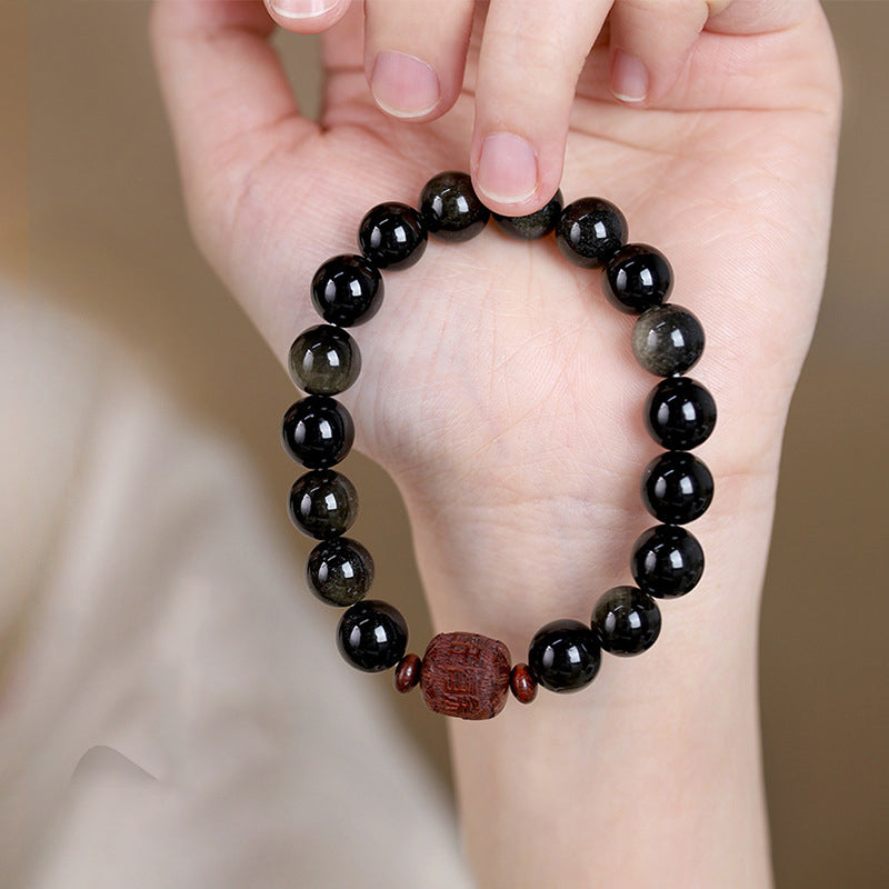 Buddha Stones Natural Gold Sheen Obsidian Rainbow Obsidian Om Mani Padme Hum Fu Character Healing Bracelet