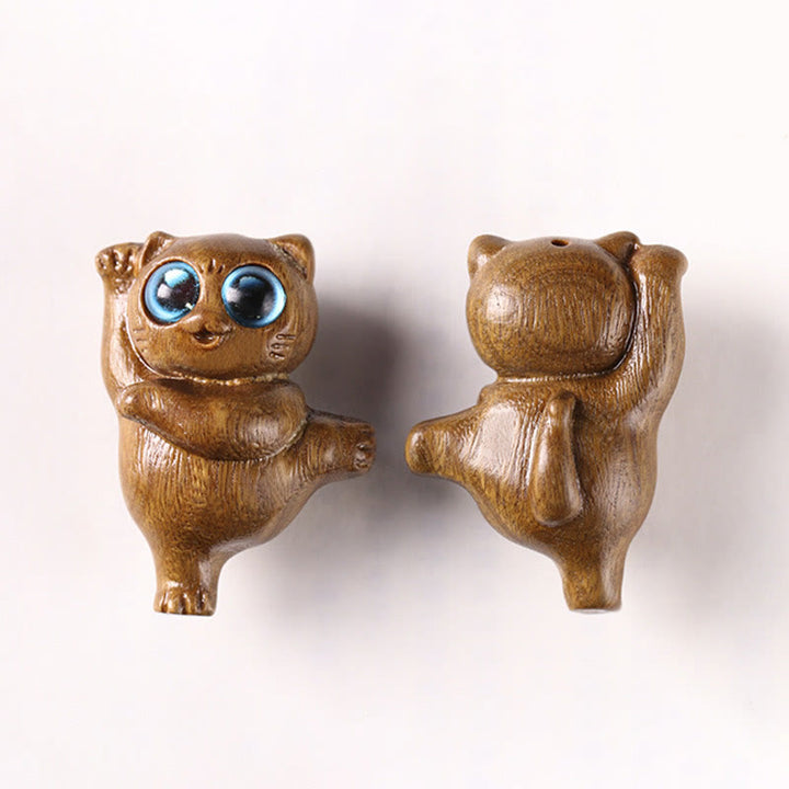 Buddha Stones Mini Green Sandalwood Dancing Cat Engraved Positive Desk Decorations - image 9