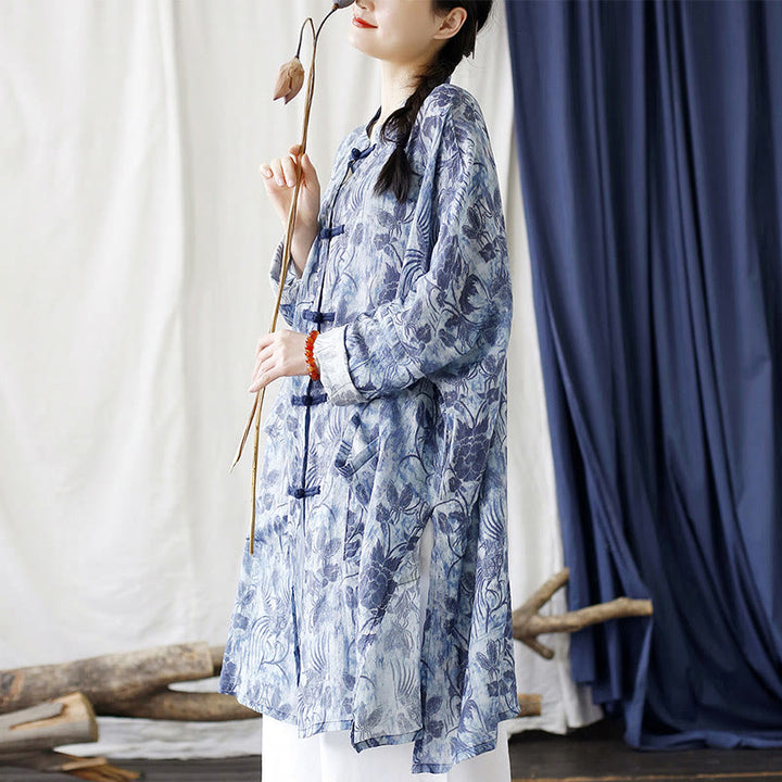 Buddha Stones Blue Flowers Butterfly Frog-Button Long Sleeve Ramie Linen Jacket Shirt With Pockets