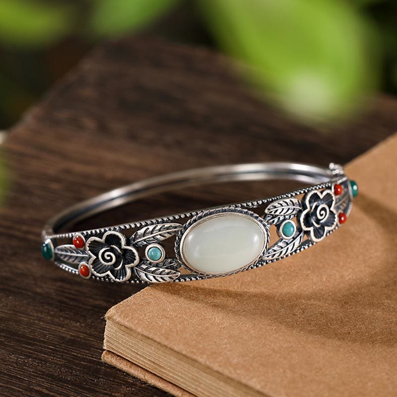 Buddha Stones Cyan Jade White Jade Flower Leaf Harmony Luck Bracelet Bangle - image 11