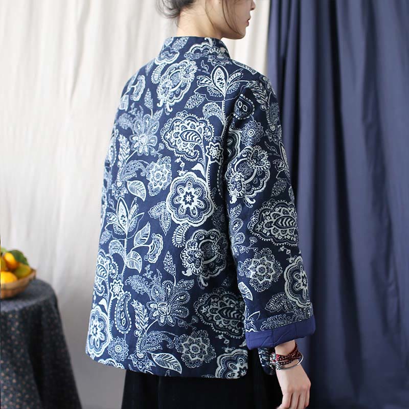 Buddha Stones Flowers Cotton Linen Jacket Shirt Chinese Northeast Style Winter Clothing