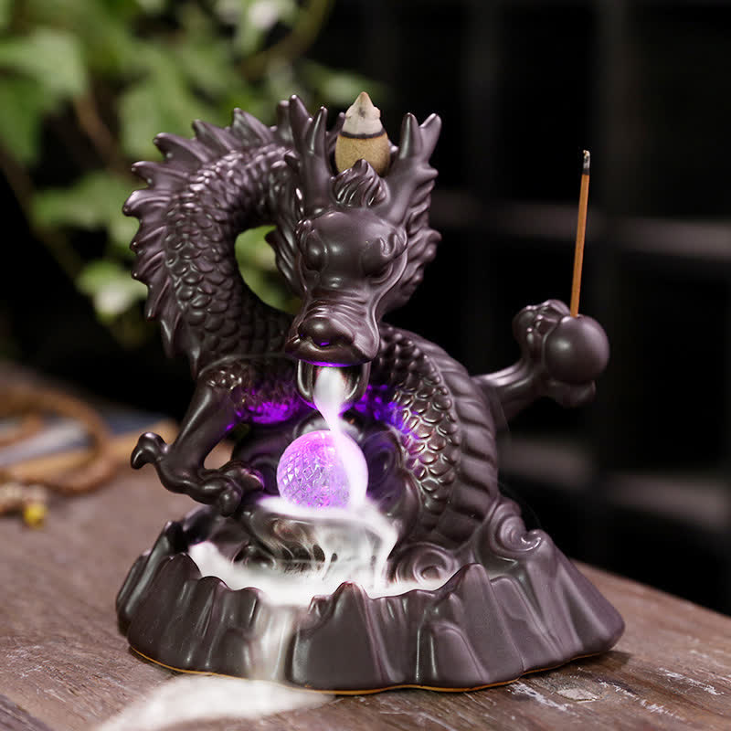 Auspicious Dragon Ceramic Backflow Smoke Fountain Meditation Healing Incense Burner Led Ball Decoration - Dragon&LED Ball - image 0