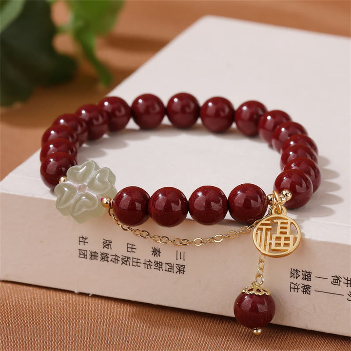 Buddha Stones Cinnabar Fu Character Hetian Jade Lucky Four Leaf Clover Blessing Bracelet - Cinnabar(Calm♥Concentration) - image 0