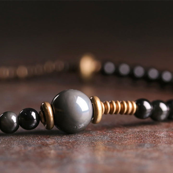 Buddha Stones Rainbow Obsidian Ebony Wood Copper Positive Multilayer Bracelet