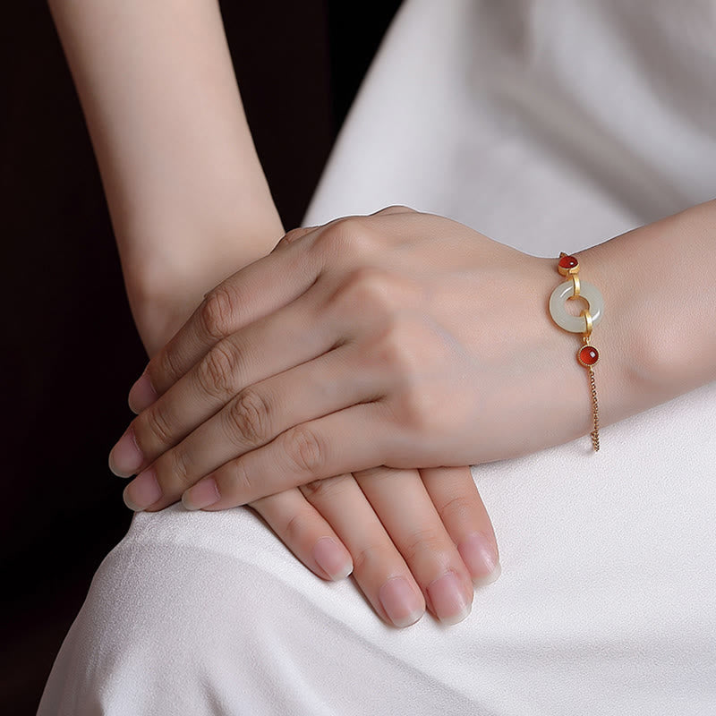 Buddha Stones 925 Sterling Silver Plated Gold Natural Hetian Jade Peace Buckle Red Agate Luck Bracelet - image 4