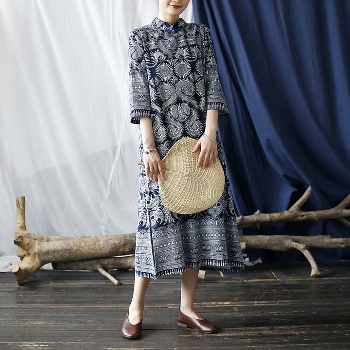 Buddha Stones Blue White Flower Frog-button Midi Dress Three Quarter Sleeve Linen Batik Dress With Pockets