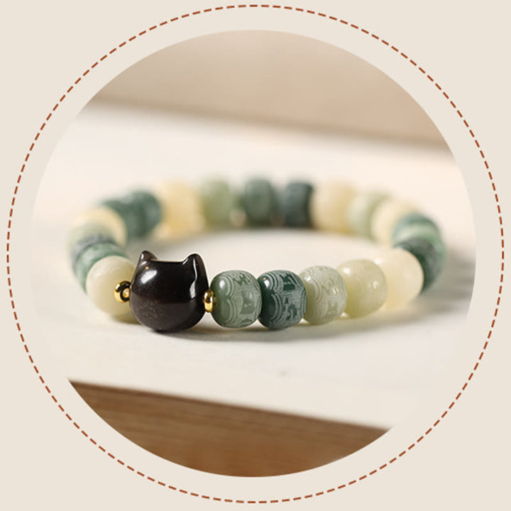 Buddha Stones Bodhi Seed Silver Sheen Obsidian Cat Head Om Mani Padme Hum Engraved Harmony Bracelet - image 13