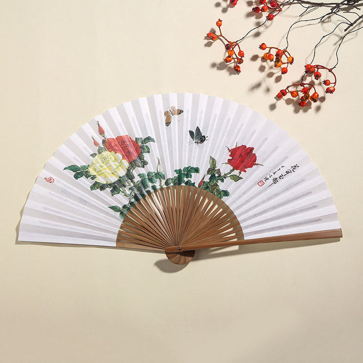 Buddha Stones Pine Tree Garden Peony Handheld Paper Bamboo Folding Fan 26cm