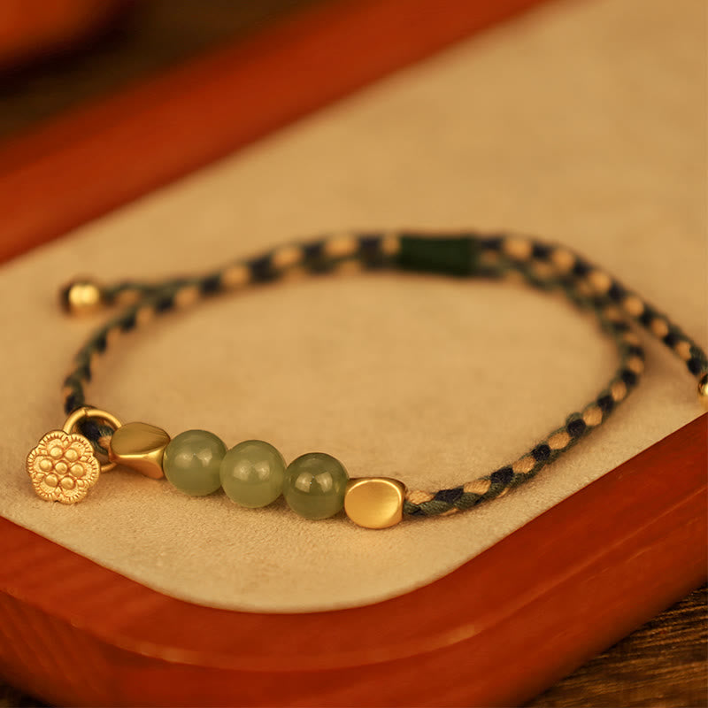 Buddha Stones Handcrafted Hetian Jade Lotus Charm Luck Braided Bracelet