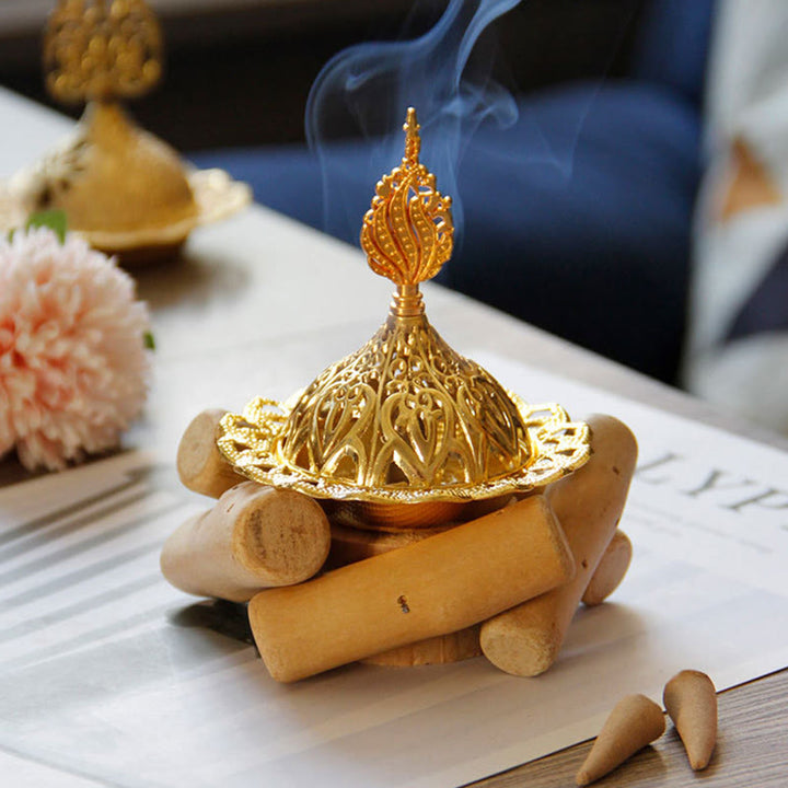 Gold Alloy Healing Mini Incense Burner With Wooden Coaster Home Decor - image 12