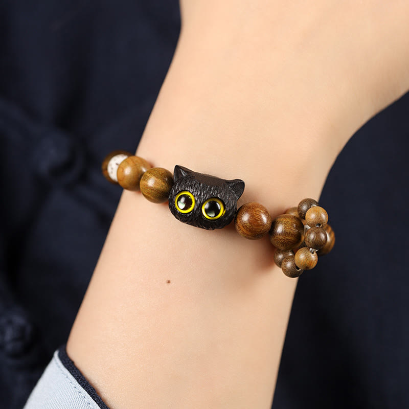 Buddha Stones Green Sandalwood Ebony Wood Cat Peace Soothing Bracelet - image 3