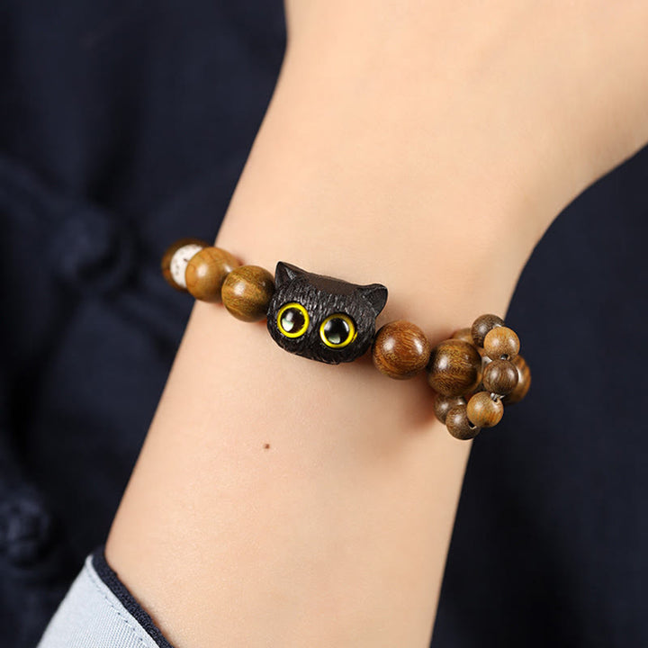 Buddha Stones Green Sandalwood Ebony Wood Cat Peace Soothing Bracelet - image 3