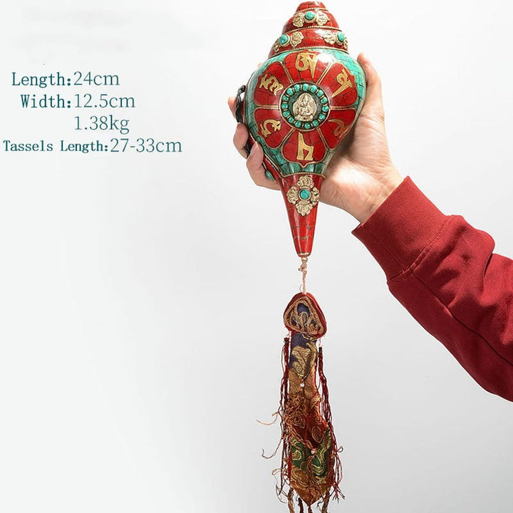 Tibetan Handmade Shankha Om Mani Padme Hum Buddha Avalokitesvara Turquoise Conch Shell Positive Decoration - Om Mani Padme Hum 24*12.5cm - image 18