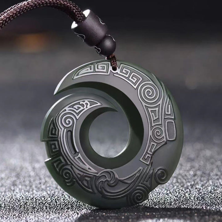 Buddha Stones One's Luck Improves Design Patern Hetian Cyan Jade Peace Buckle Luck Necklace Pendant - Cyan Jade(Success♥Healing) - image 0