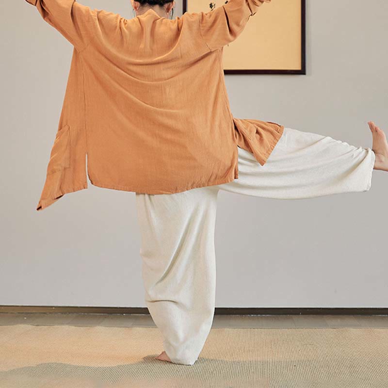 Buddha Stones Plain Long Sleeve Coat Jacket Top Wide Leg Pants Zen Tai Chi Yoga Meditation Clothing