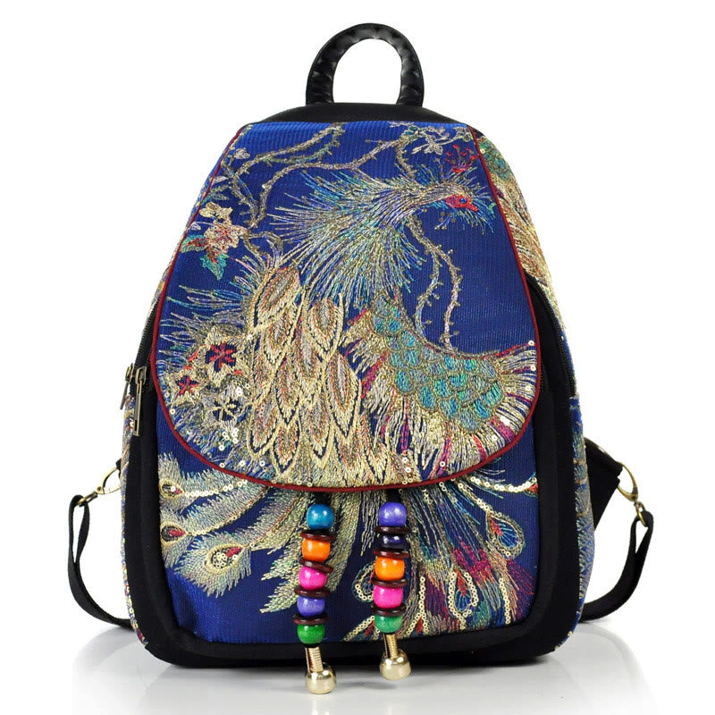 Peacock Embroidery Canvas Tassel Backpack