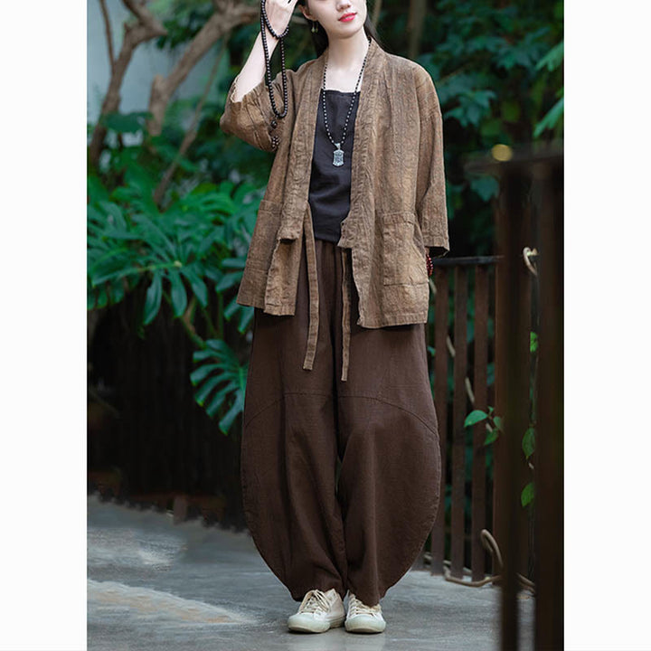 Buddha Stones Hanfu Design Three Quarter Sleeve Ramie Linen Coat Open Front Top Jacket