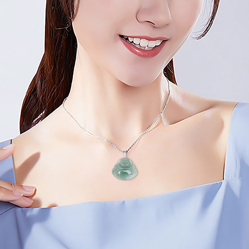 Buddha Stones 925 Sterling Silver Laughing Buddha Jade Protection Calm Necklace Chain Pendant - image 8