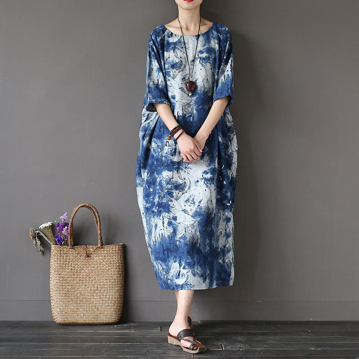 Buddha Stones Ink Tie Dye Midi Dress Three Quarter Sleeve Cotton Linen Dress With Pockets