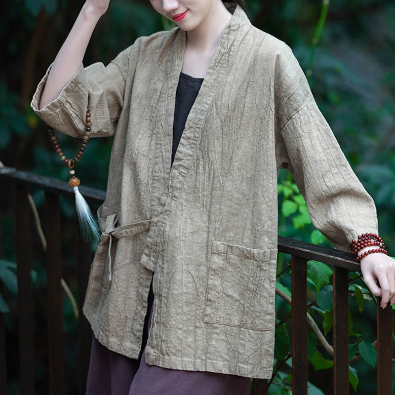 Buddha Stones Hanfu Design Three Quarter Sleeve Ramie Linen Coat Open Front Top Jacket