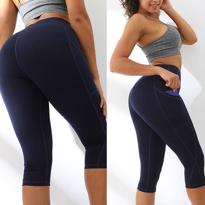 Buddha Stones Camo Print Solid Color Sports Yoga High Waist Leggings Women's Yoga Capri Pants