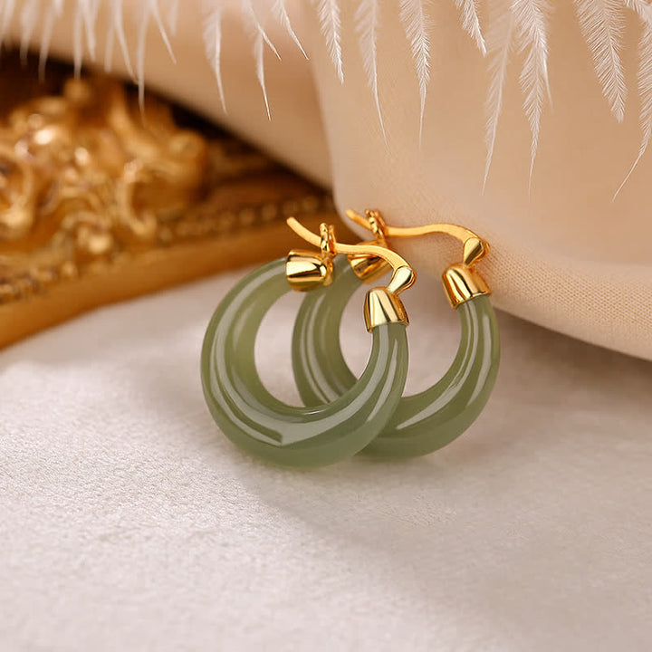 Buddha Stones Round Jade Cyan Jade Prosperity Luck Drop Earrings - image 9