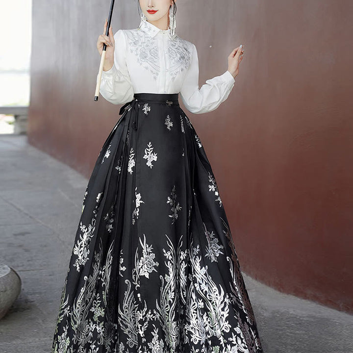 Buddha Stones Flowers Leaves Feathers Long Sleeve Shirt Top Chinese Hanfu Ming Dynasty Horse Face Skirt Mamianqun Skirt