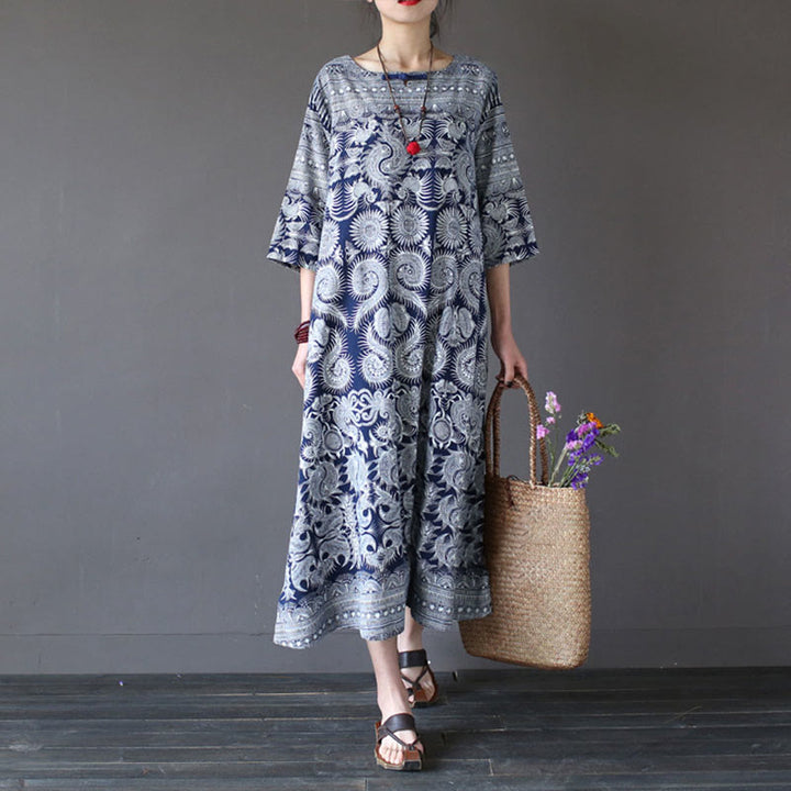 Buddha Stones Blue White Flower Printed Button Midi Dress Three Quarter Sleeve Cotton Linen Dress With Pockets