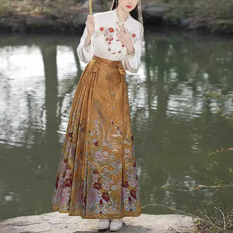 Buddha Stones Golden Flower Phoenix Embroidery Long Sleeve Shirt Top Chinese Hanfu Ming Dynasty Horse Face Skirt Mamianqun Skirt