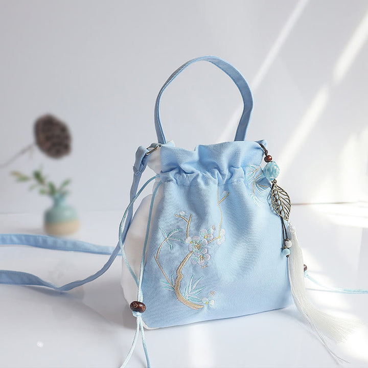 Buddha Stones Handmade Embroidered Flowers Canvas Tote Shoulder Bag Handbag - Blue White Plum Bamboo 20*20cm - image 35