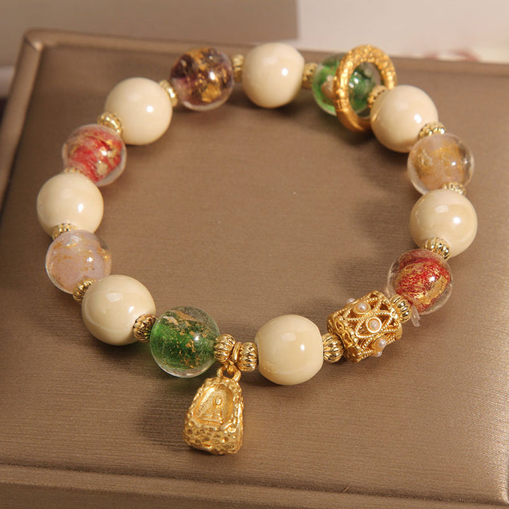 Buddha Stones Tibetan Multicolored Liuli Glass Bead Buddha Lotus Charm Enlightenment Bracelet