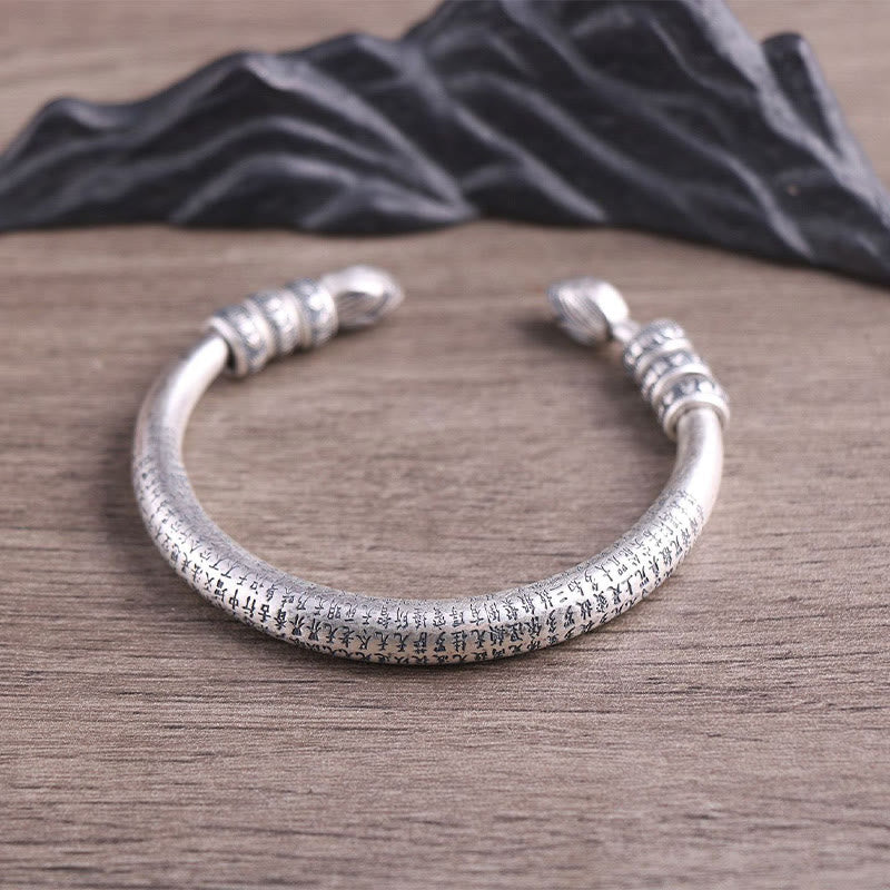 Buddha Stones 999 Sterling Silver Heart Sutra Om Mani Padme Hum Engraved Peace Purity Bracelet Bangle - image 6