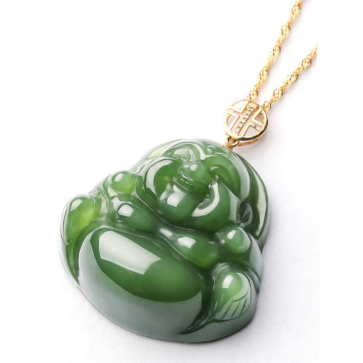 925 Sterling Silver Laughing Buddha Hetian Cyan Jade 18K Gold Success Necklace Chain Pendant - image 8