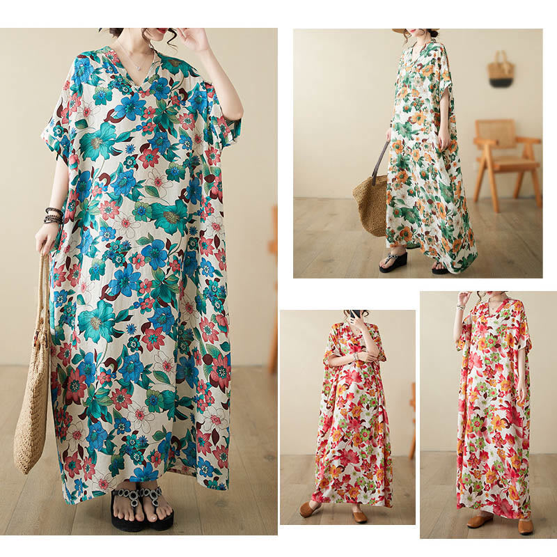 Buddha Stones Red Blue Green Flowers Midi Dress Cotton Half Sleeve Dress With Pockets