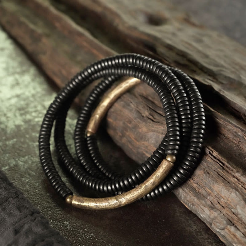 Buddha Stones Ebony Wood Brass Copper Balance Multilayered Bracelet - image 1