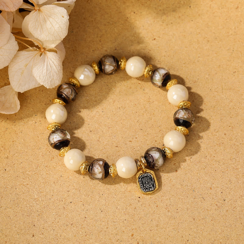 Buddha Stones Tibetan Zakiram Goddess of Wealth Charm Liuli Glass Incense Ash Porcelain Bead Protection Bracelet - Beige Porcelain - White Liuli Glass Bead - image 14