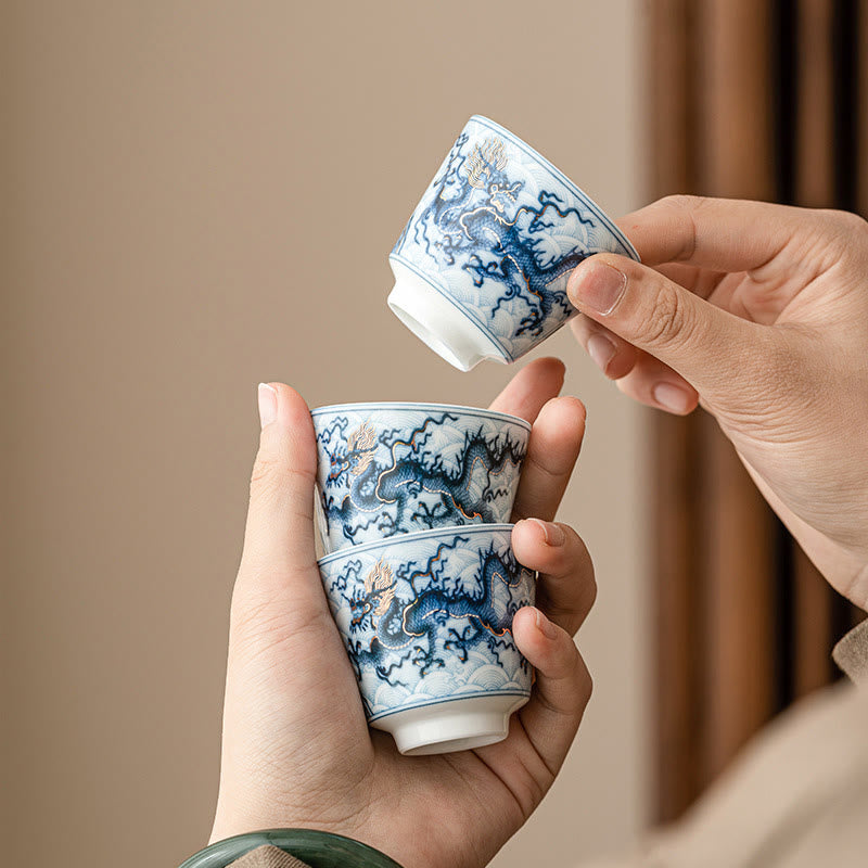 Buddha Stones Small Blue And White Dragon Pattern Ceramic Teacup Kung Fu Tea Cups 45ml