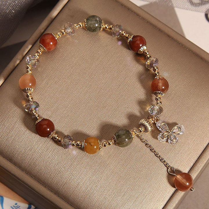 Buddha Stones Natural Fu Lu Shou Rainbow Crystal Rutilated Quartz Wealth Butterfly Charm Bracelet