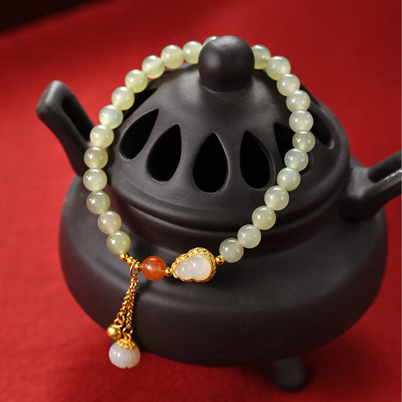 925 Sterling Silver Hetian Jade Gourd Lotus Abundance Luck Bracelet - image 1