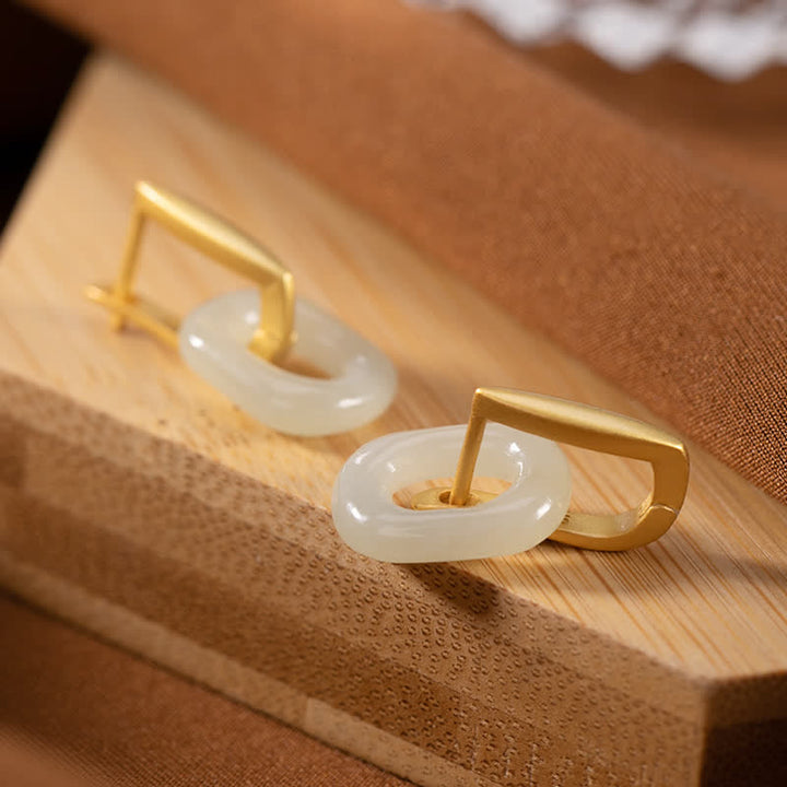 Buddha Stones 925 Sterling Silver Round White Jade Happiness Blessing Earrings - image 2