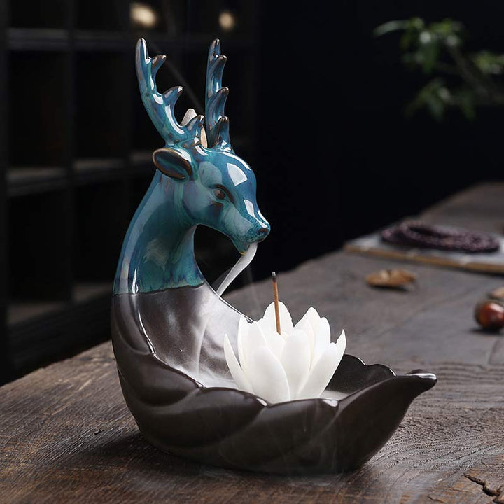 Buddha Stones Little Deer Ceramic Lotus Meditation Incense Burner Decoration - White Lotus - image 10